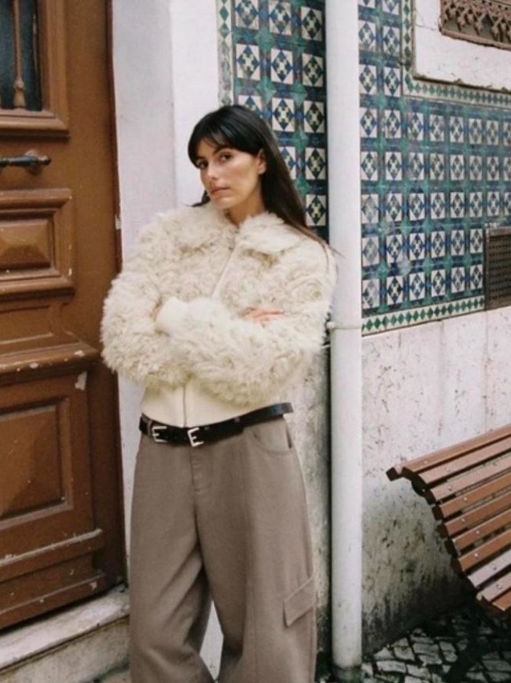 Zara Cream Faux Fur Bomber Jacket